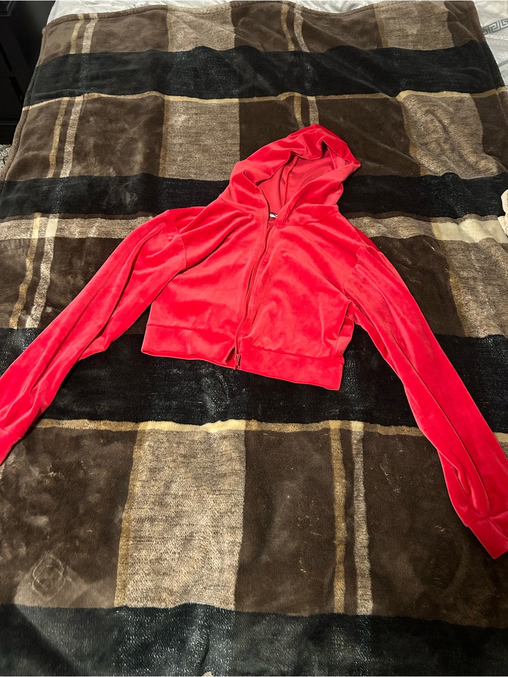 H&M Red Cropped Velour Zip Hoodie